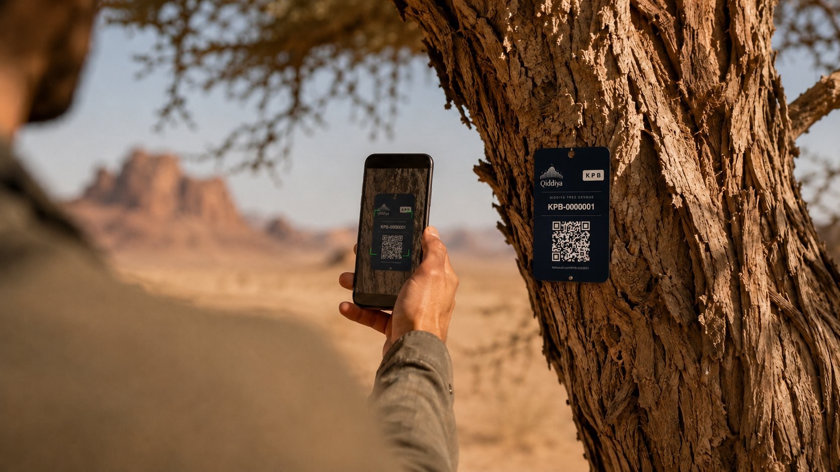 A hand holding a phone scanning a QR code on a tagged acacia tree